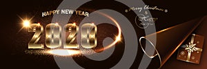 Christmas New Year 2020 dark banner mockup. Sparkling Xmas holiday lights, confetti, gift boxes with a gold ribbon and bow, luxuri