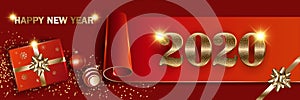 Christmas New Year 2020 red banner mockup. Sparkling Xmas holiday lights, confetti, balls, gift box with a gold ribbon and bow