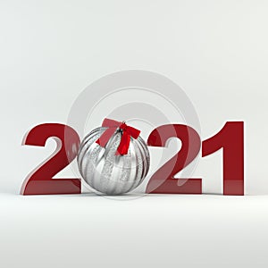 Christmas and New Year 2021 decoration. Silver ball decorated with ribbon.