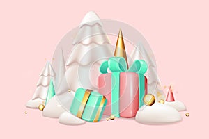 Christmas and New Year 2024 background in 3d realistic design. Festive pine trees, geometric shapes, snow, gift boxes with bows