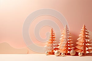 Christmas, New Year 2024. Winter holiday. Podium for Product, Pantone color 2024 Peach Fuzz