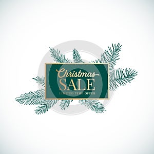 Christmas and New Year Abstract Botanical Card with Rectangle Frame Banner and Modern Typography. Premium Golden Banner