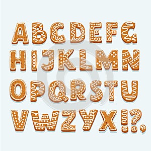 Christmas or New Year alphabet cookies set with glaze vector illustration. Isolated textured letters on white background.