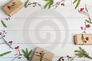 Christmas, New Year or Autumn background, flat lay composition of Christmas natural ornaments and fir branches, berries