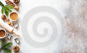 Christmas and New Year background with baking ingredients, cones and fir twigs