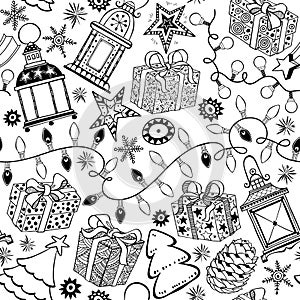 Christmas and New Year background. Black and white seamle