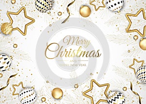 Christmas and New Year background. Bright Winter holiday composition. Greeting card, banner, poster