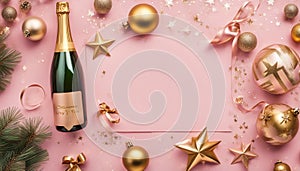 Christmas and New Year background. Champagne bottle, golden gift, christmas balls, festive ribbons, fir branches, star confetti on