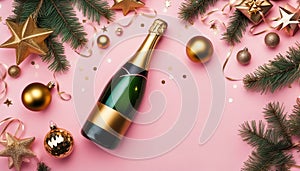 Christmas and New Year background. Champagne bottle, golden gift, christmas balls, festive ribbons, fir branches, star confetti on