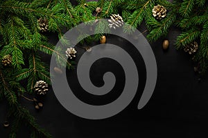 Christmas and New Year background. Christmas tree branch on a black background. Cones and fur-tree toys. View from above.