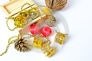 Christmas or New Year background concept, fir tree branches or chrismas tree, gold glass balls