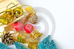 Christmas or New Year background concept, fir tree branches or chrismas tree, gold glass balls