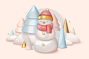 Christmas and New Year 2024 background in 3d realistic design. Festive pine trees, geometric shapes in snow, snowman in Santa