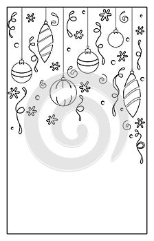 Christmas or New Year background with decoration of balls, snowflakes and curly ribbons with swirls