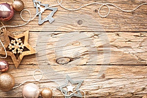 Christmas New Year background decoration on beautiful old vintage rustic wood texture table board with copy space
