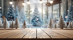 Christmas background with empty dark wooden deck table , blurred light bokeh. Empty display for product montage