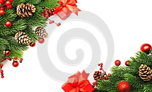 Christmas and New Year background with fir branches, red gift boxes, Christmas balls and festive decor, white top view, copy space