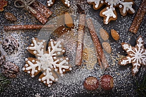 Christmas or New Year background of Gingerbread cookies, spices, nuts with sugar and snowflakes. Top view.