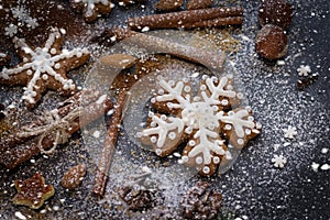 Christmas or New Year background of Gingerbread cookies, spices, nuts with sugar and snowflakes. Top view.