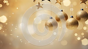Christmas and New Year background. Golden Balls hanging on ribbon on Golden background with copy space for text. The concept of