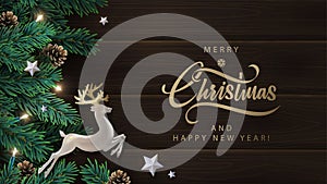 Christmas, New Year background with a pearl deer with golden horns, silver stars, pine branches with cones on a dark wooden backgr