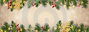 Christmas and New Year background with realistic pine branches, candy canes, serpentine, glitter gold snowflake