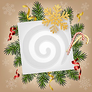 Christmas and New Year background with realistic pine branches, candy canes, serpentine, glitter gold snowflake