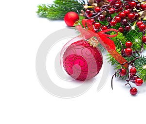 Christmas and New Year background. Red decorations and Christmas tree