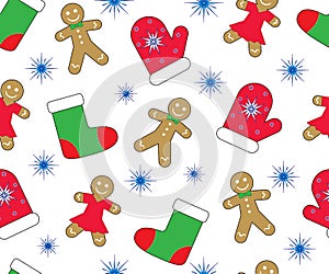 Christmas new year background, seamless pattern. Gingerbreads, mitten, stocking and snowflake. Vector