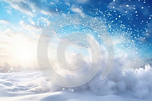 Christmas and New Year background with snow explosion, snowflakes and golden rays. Generative AI