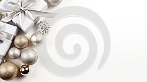 Christmas and New Year background with white gift box, silver and golden Christmas balls and cones. Generative AI