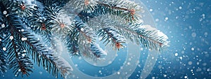 Christmas and New Year background. Winter landscape. Snow covered fir tree branches.