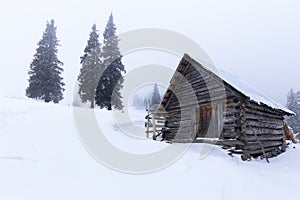 Christmas and New Year background with winter trees and cottage covered with fresh snow in the mountains - Magic holiday backgroun