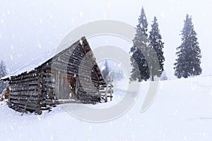 Christmas and New Year background with winter trees and cottage covered with fresh snow in the mountains - Magic holiday backgroun