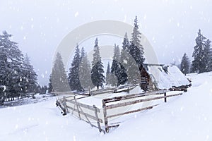 Christmas and New Year background with winter trees and cottage covered with fresh snow in the mountains - Magic holiday backgroun