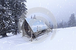 Christmas and New Year background with winter trees and cottage covered with fresh snow in the mountains - Magic holiday backgroun