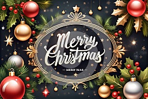 Colorful bright Christmas greeting card merry christmas lettering with Winter holiday composition