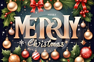 Colorful bright Christmas greeting card merry christmas lettering with Winter holiday composition