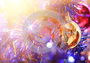 Christmas and New Year balls with beautiful decorations on the Christmas tree. For festive events