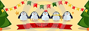 Christmas and New Year banner with a cute penguins with Christmas accessories xmas tree, stars, hat, scarf, light bulbs, flags.