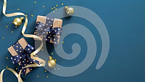 Christmas and New Year banner mockup. Gift boxes with ribbon bow and golden decorations over blue background. Flat lay, top view,