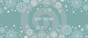 Christmas New Year banner with white snowflakes border on blue turquoise background. Template with copy space