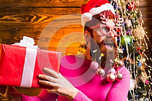 Christmas or New Year barber shop concept. Funny people christmas. Santa claus - bearded hipster.