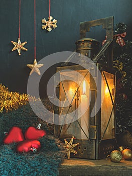 Christmas, New year beautiful fairy card, poster, still life. Old metal lamp with candle, holiday accessories