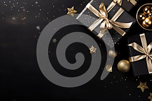 Christmas or New Year black background with gift boxes, golden decorations and confetti.