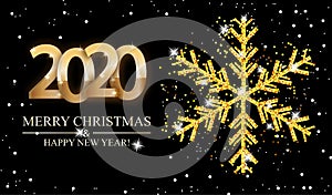 Christmas and New Year black background with golden snowflake and 2020 numbers. Xmas decoration. Template for greeting card,