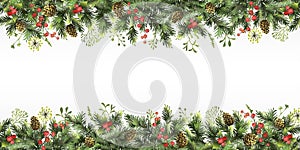 Christmas, New Year border with branches of Christmas tree, holly berries, cones and space for text. Christmas background