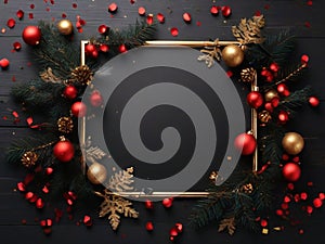 Christmas and new year border on wooden background Illustration Generative AI AI generated.