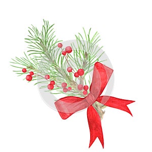 Christmas and new year buquet of fir branch with beries and bow on white background