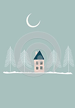 Christmas New Year card banner with doodle rural house in forest with snowy pine trees. Cozy winter scene illustration